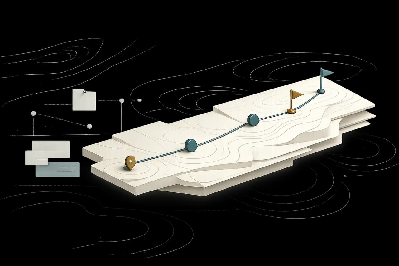 Waypoint-inspired hero illustration showing a guided route through layered decision terrain