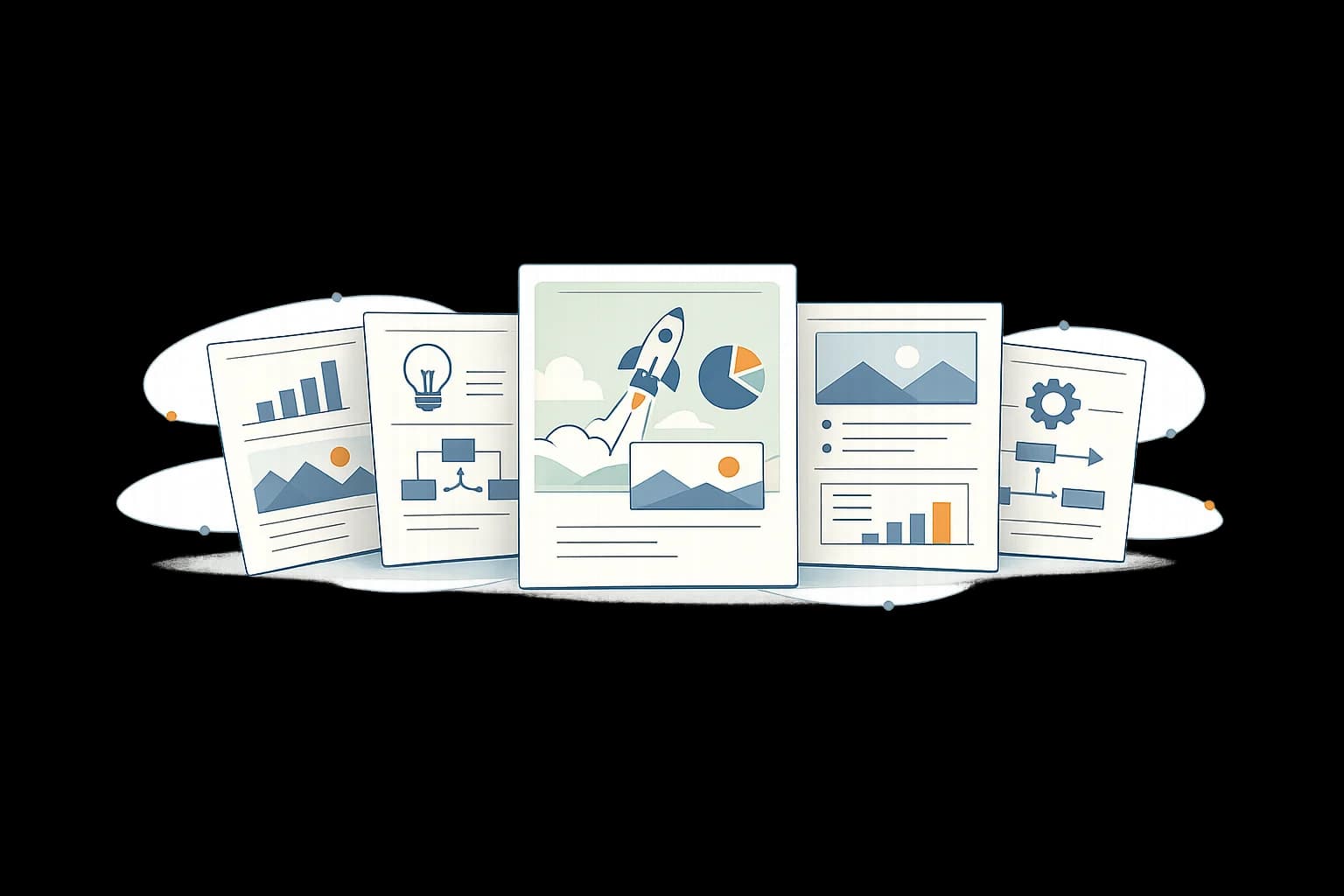 Concept poster and cards laid out as a framed idea presentation